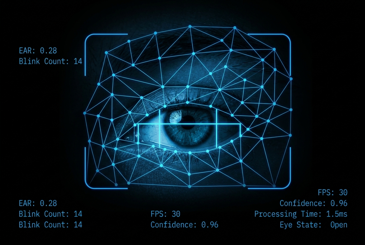 Eye Blink Detection System — facial landmark mesh over human eye