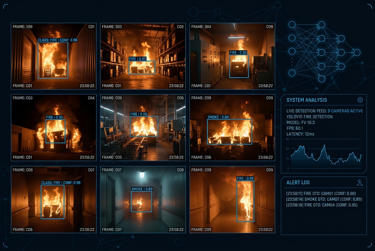 YOLOv10 Fire Detection System — surveillance camera grid with bounding box overlays