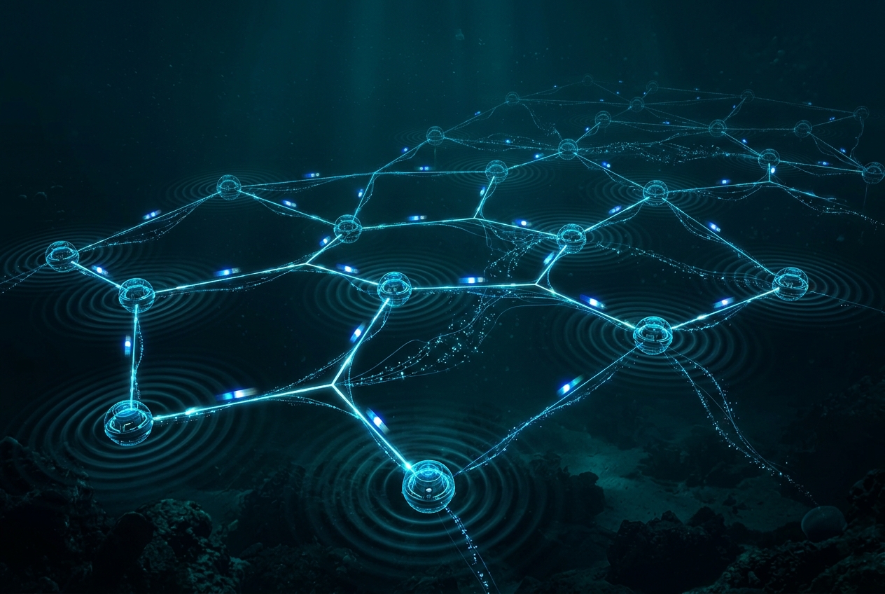 UnderWaterNet — glowing underwater sensor network topology